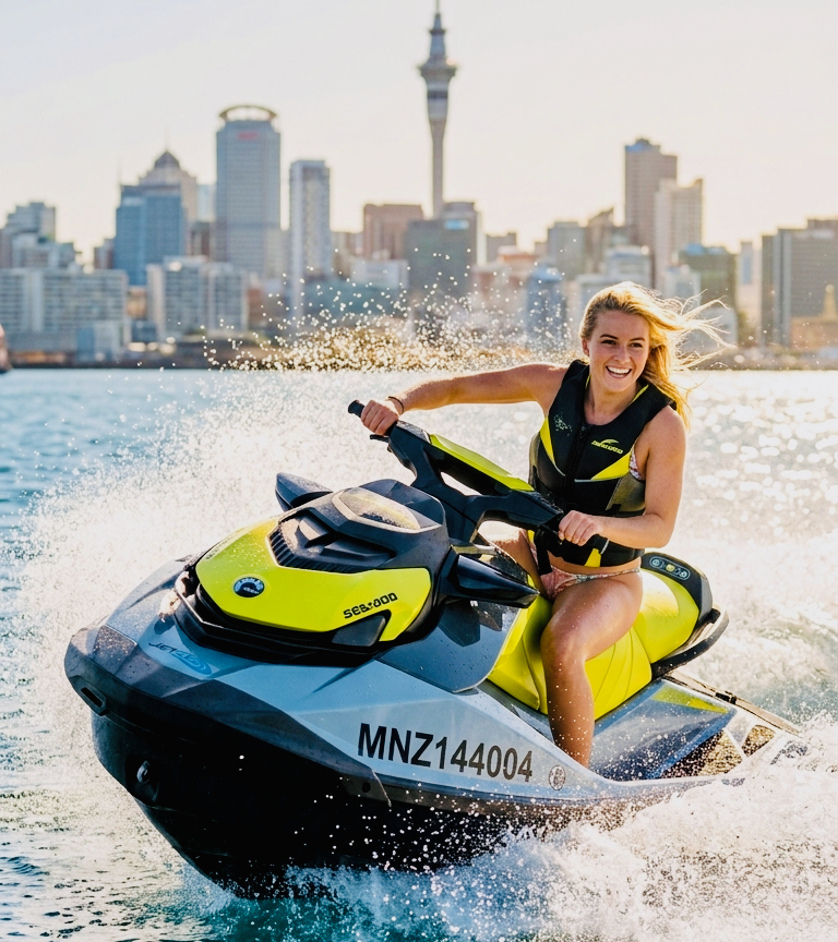 Rider carving past the Auckland skyline on a Sea-Doo GTI 170